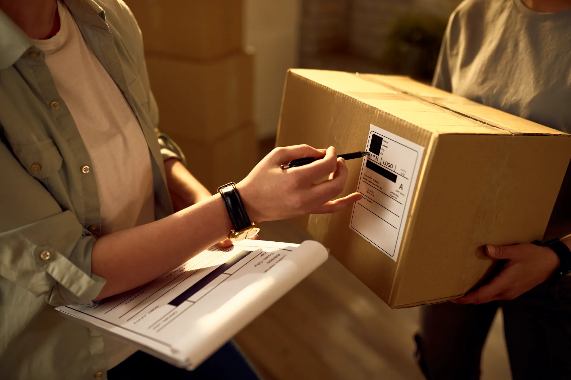 unrecognizable couriers preparing packages for a d utc